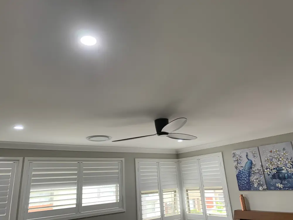 Black ceiling fan and recessed downlights